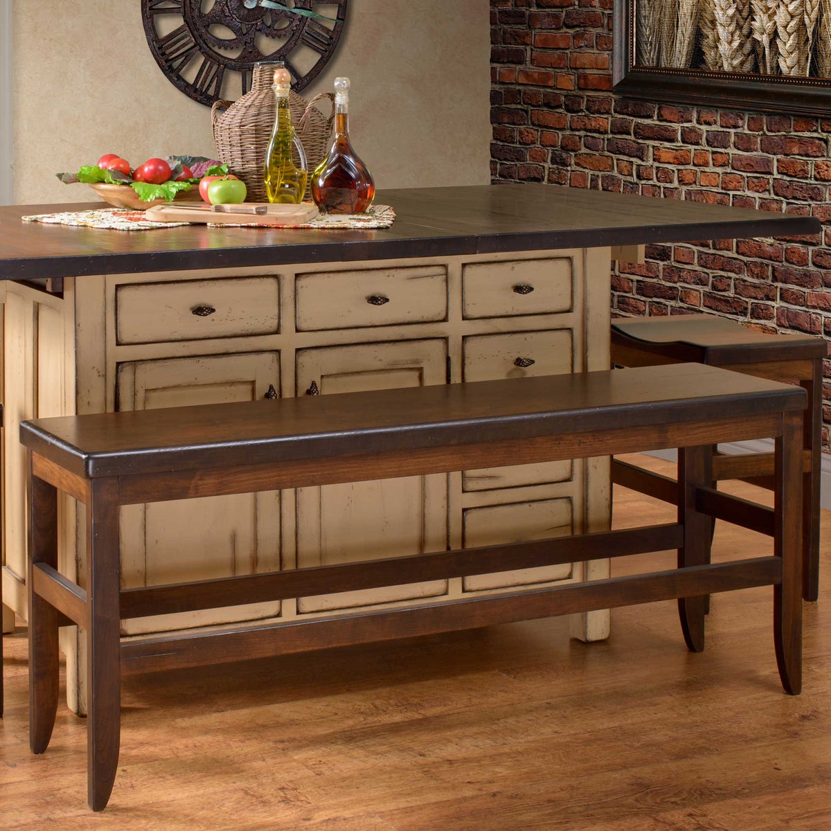 Dining Bench Walnut Finish Counter Height Double Stretcher