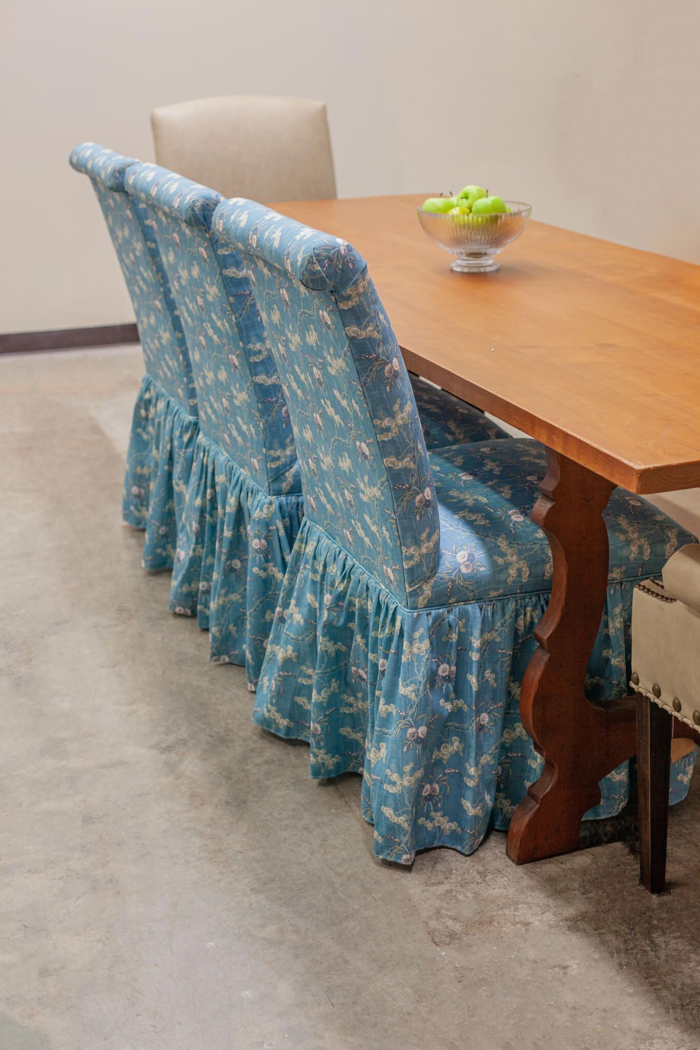 Dining Chair: Blue Floral Skirted Chairs Roll Top Back