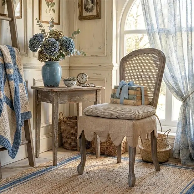 Dining Chair: Farmhouse Chair With Ticking Stripe Cane Backrest