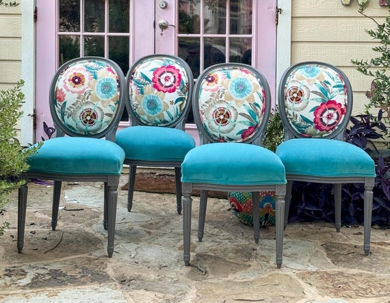 Dining Chair Floral Medallion Back Velvet Fluted Grey Painted Legs