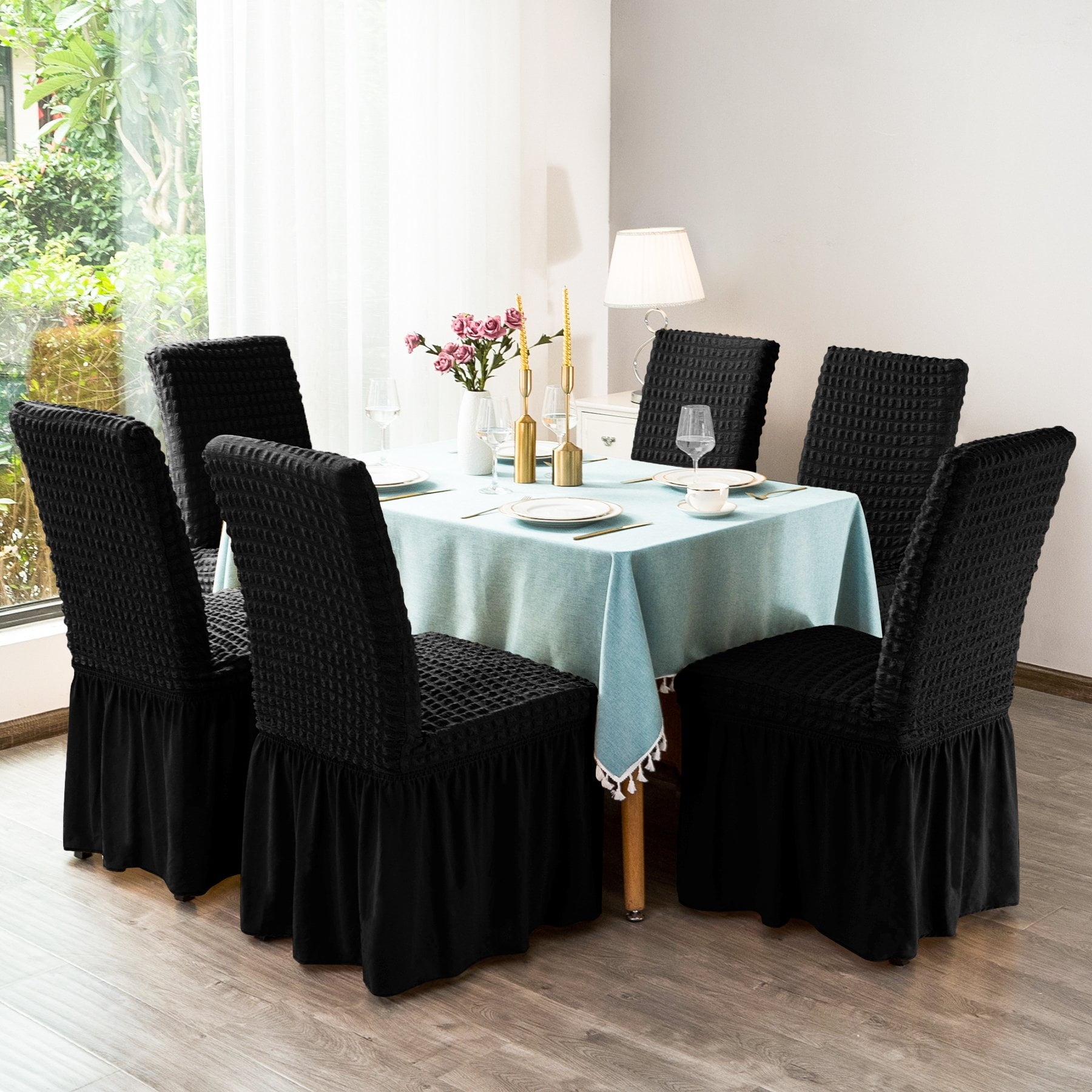 Dining Chair Slipcover: Black Ruffled Chair Covers Jacquard Weave