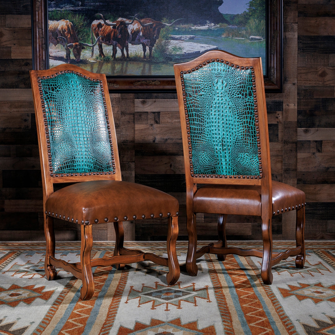 Dining Chair Turquoise Croc Back Cognac Leather Western Glam Seating