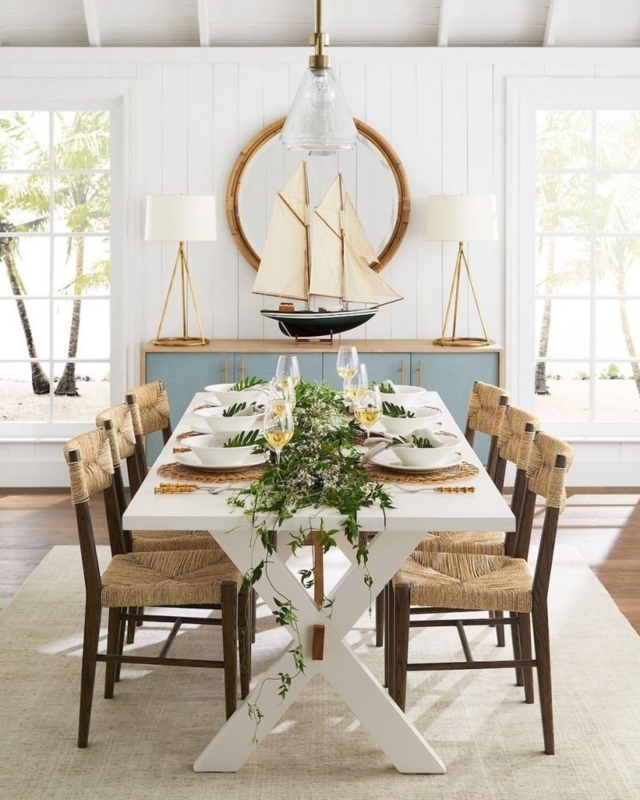 Dining Chair using Woven Rush Seats and Blue Sideboard