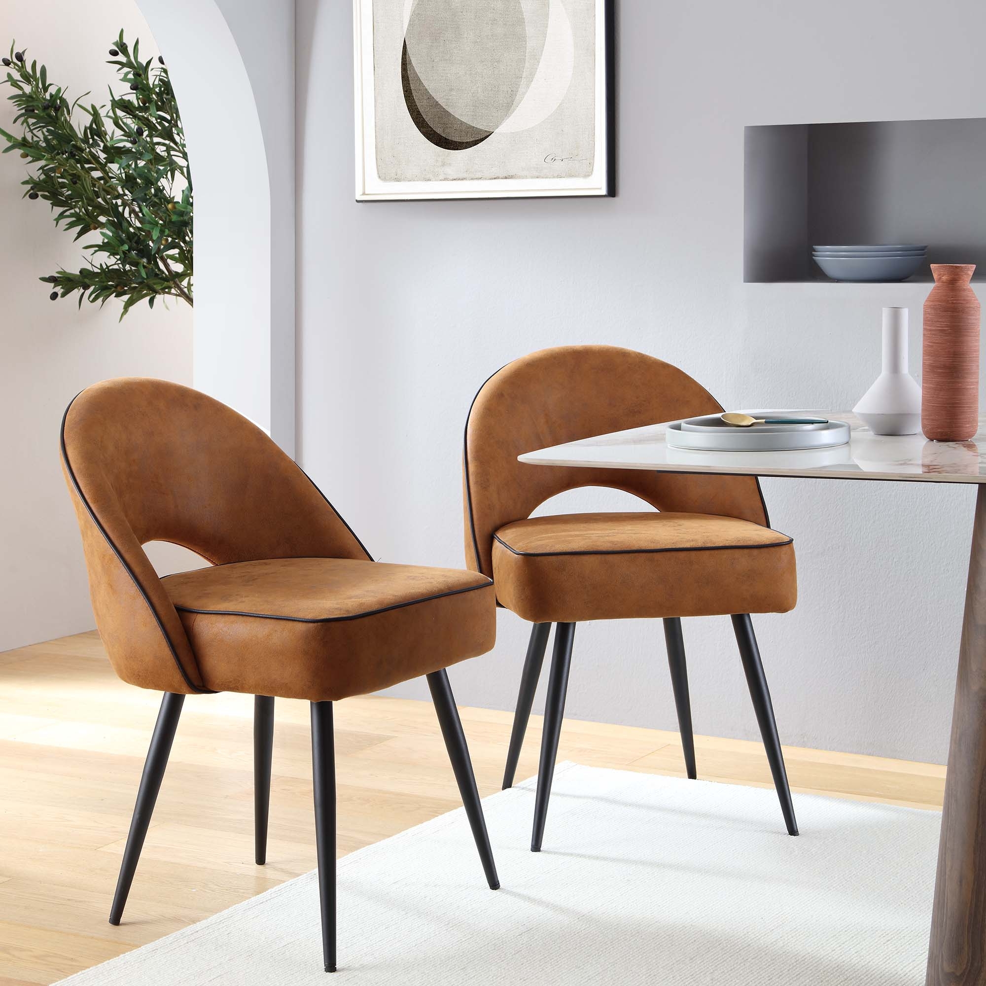 Dining Chair with Open Back Cutout and Tan Vegan Leather