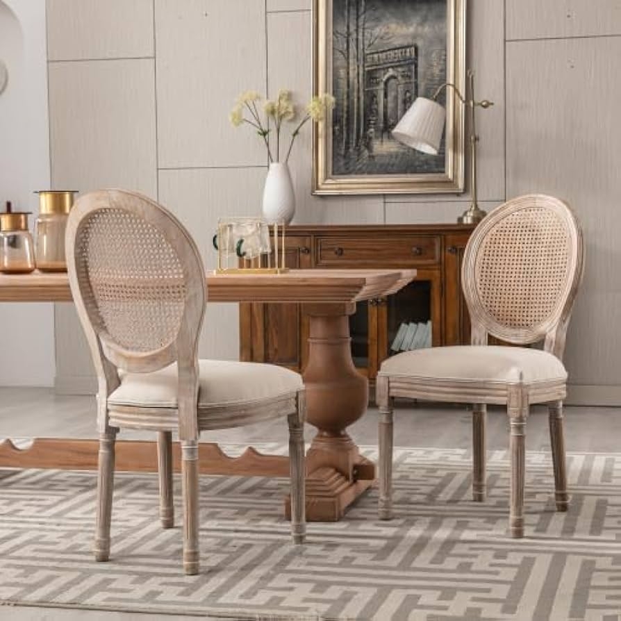 Dining Chair with Round Cane Backrest and Fluted Legs