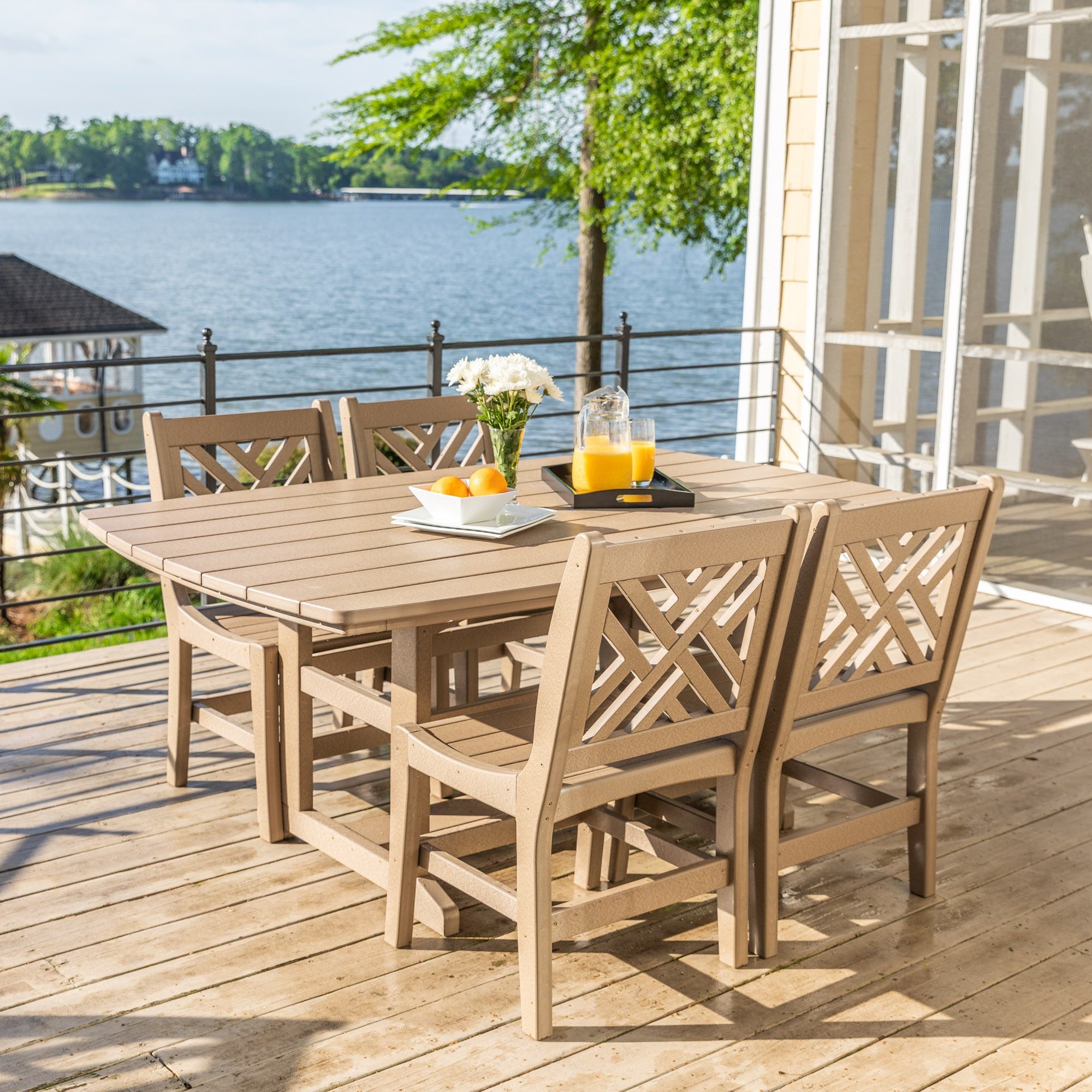 Dining Chair with Sand Beige Finish and Weather-Resistant Deck Dining