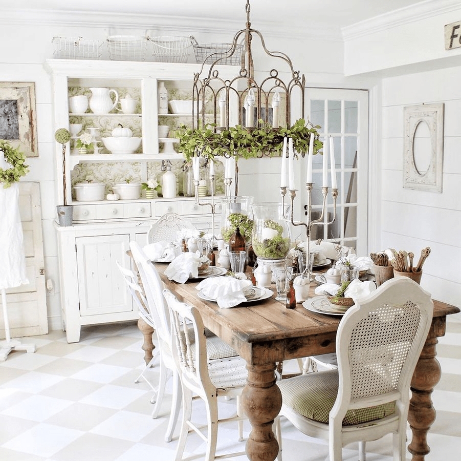 Dining Room Set featuring Cane Back Chairs and Birdcage Chandelier