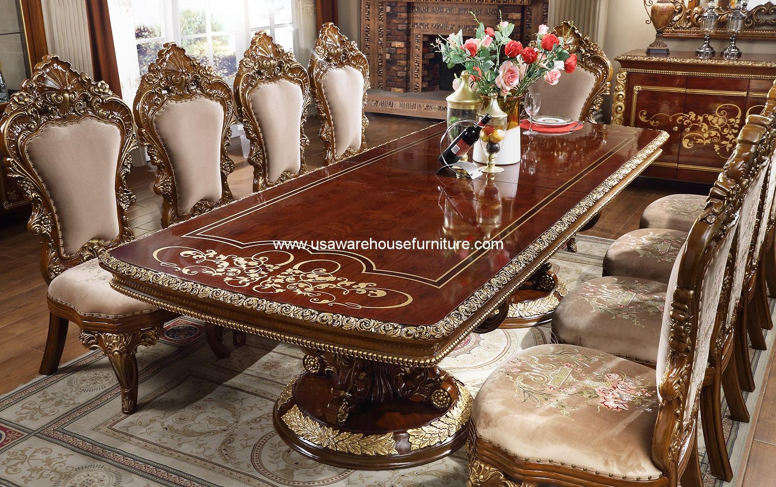 Dining Room Set Gold Filigree Inlay and Floral Seats