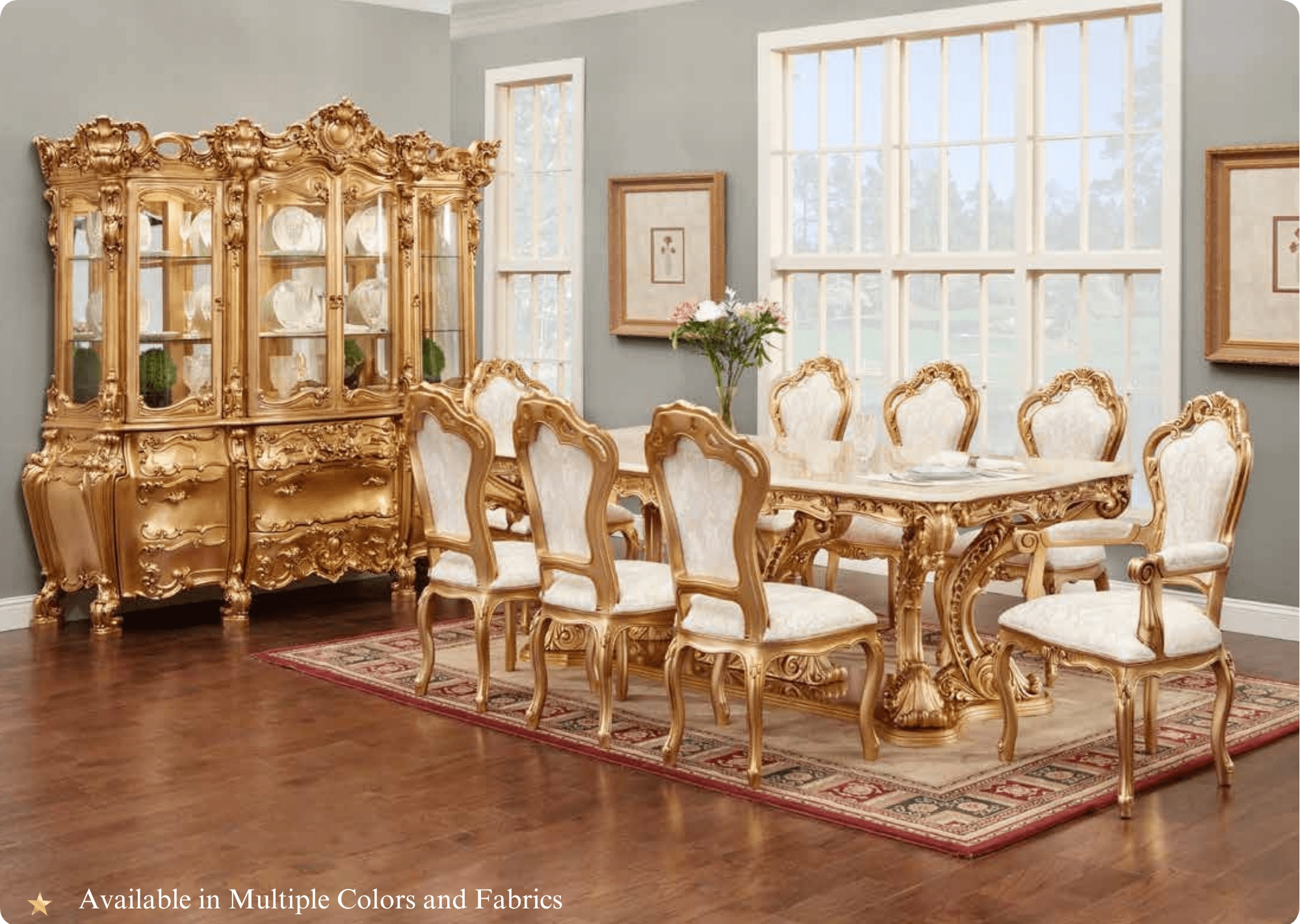 Dining Room Set Grand Hutch and Gold Leaf Carvings