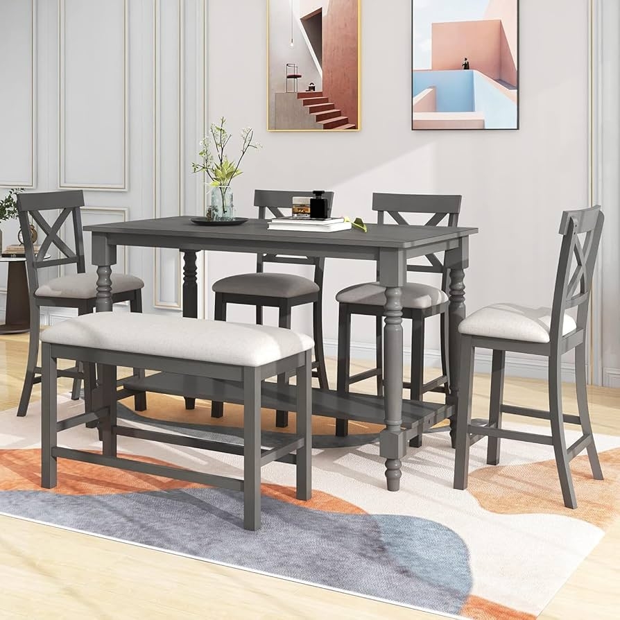 Dining Room Set Gray Counter Height with Turned Legs