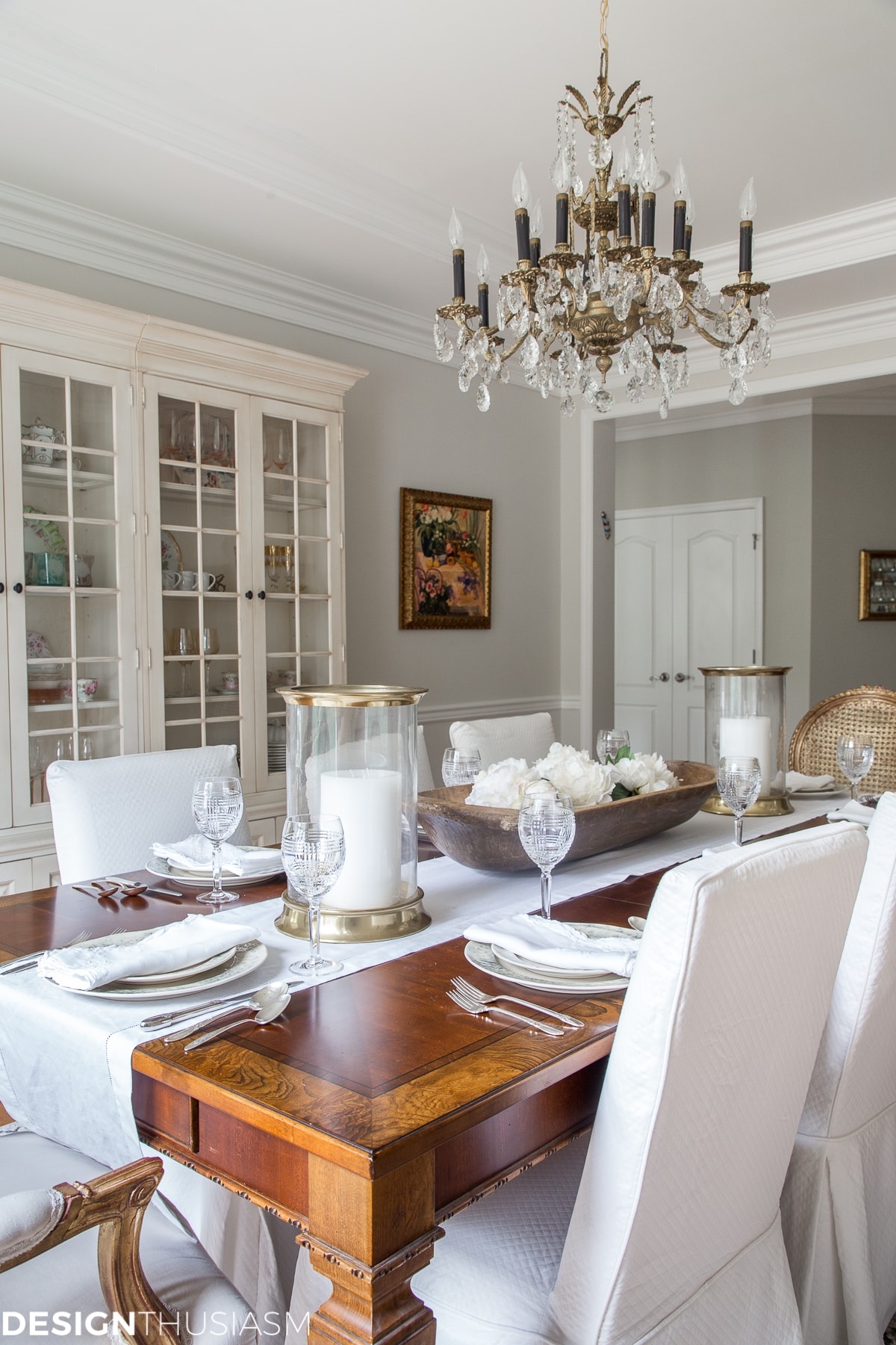 Dining Room Set including Crystal Chandelier and Wood Inlay Table