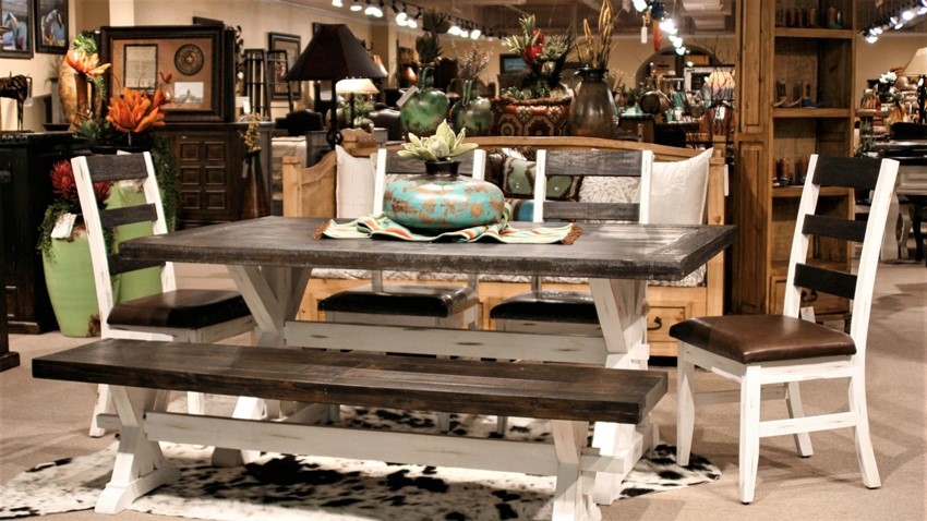 Dining Room Set: Trestle Table with Bench and Ladder Back Chairs