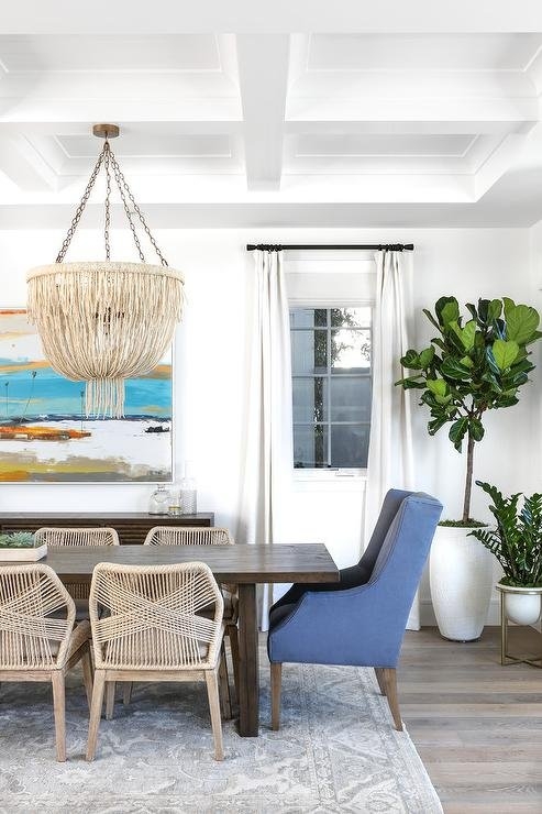 Dining Room Set with Blue Wingback Chair and Woven Textures