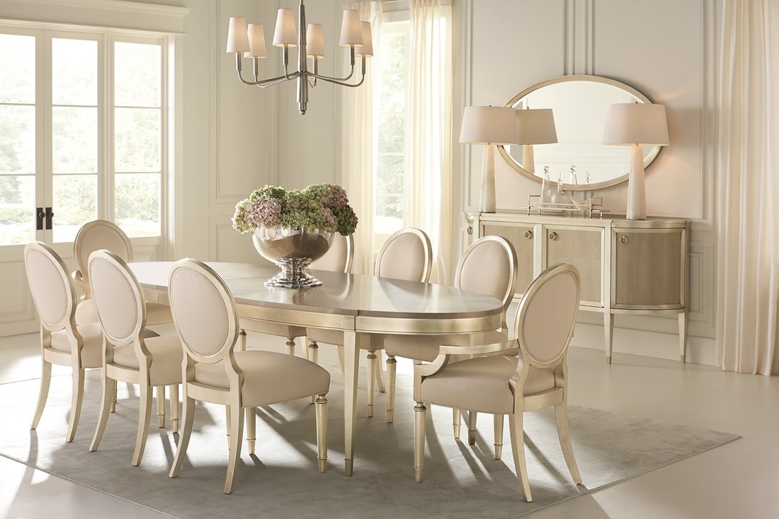 Dining Room Set with Champagne Silver Finish and Curved Sideboard