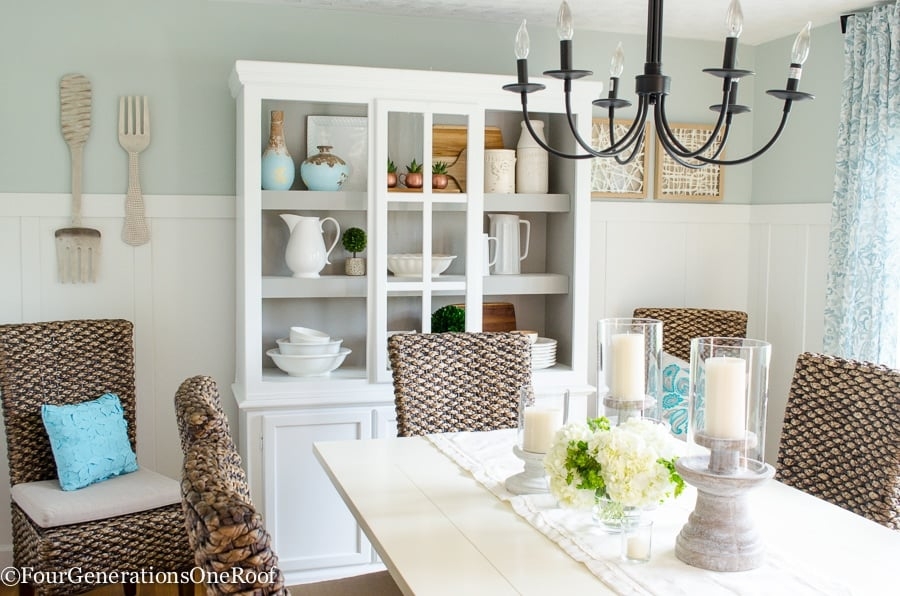 Dining Room Set with Woven Rattan Chairs and White Display Hutch