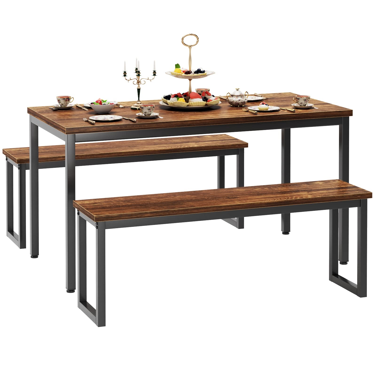 Dining Set 3 Piece Industrial Dining Bench Set Wood Grain