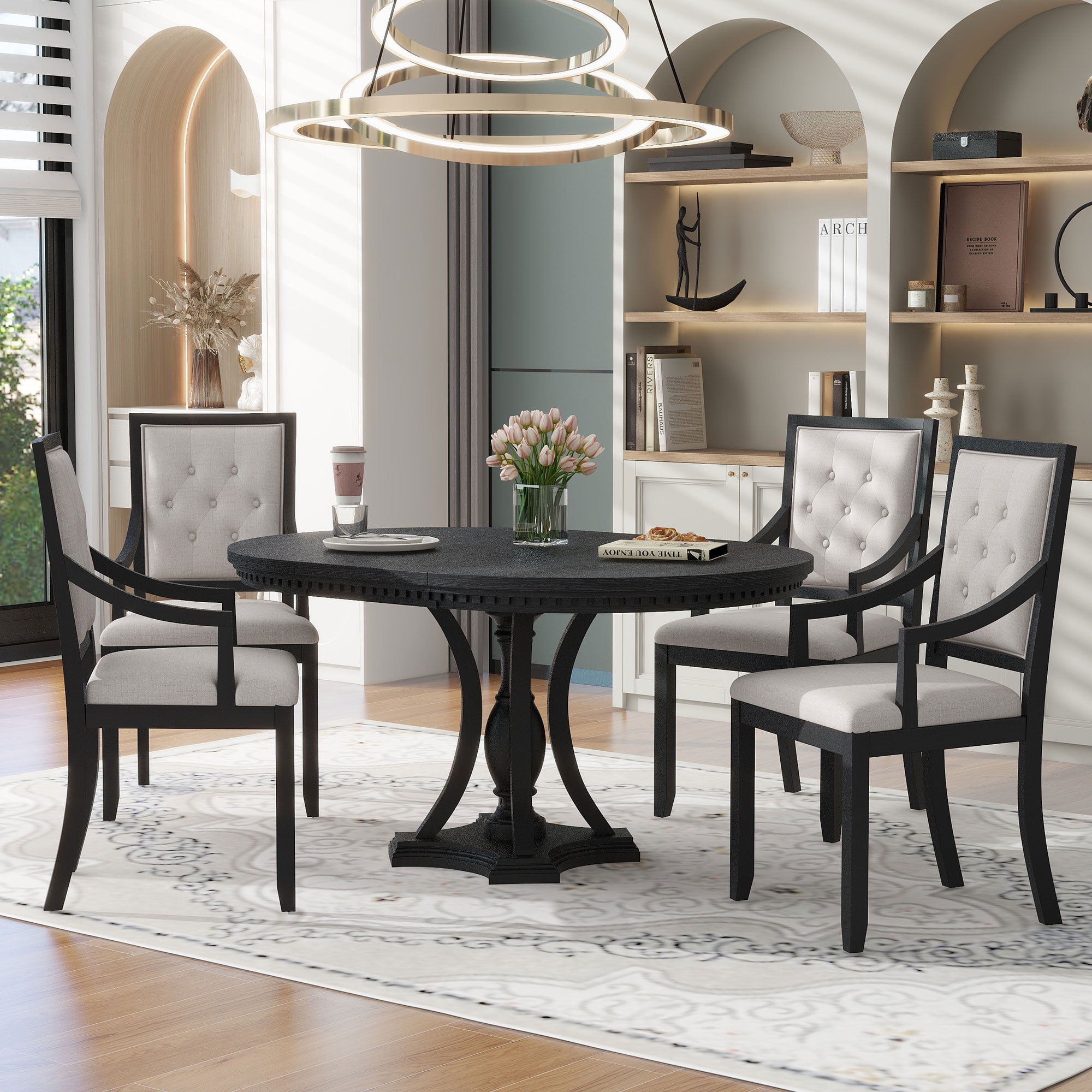 Dining Set Button Tufting Pedestal Base in Matte Black