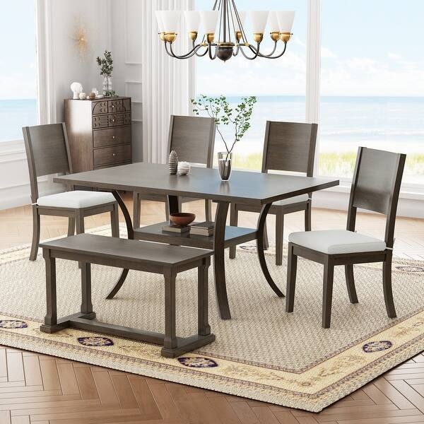 Dining Set: Curved Legs Storage Shelf 6 Piece Dining Set