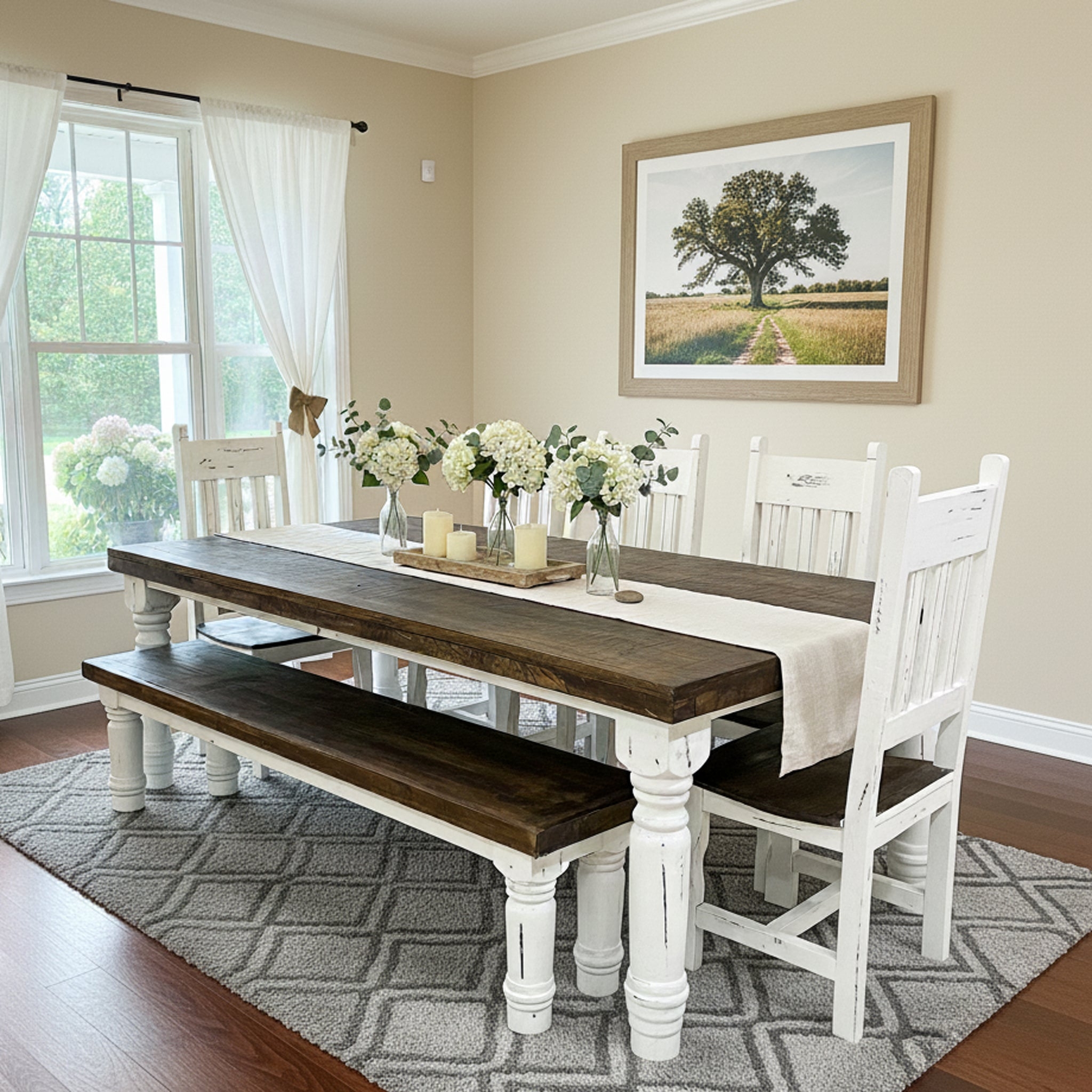 Dining Set: Distressed Turned Legs and Stained Wood Top