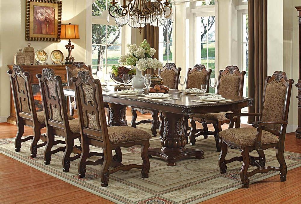Dining Set Double Pedestal Base and Damask Pattern