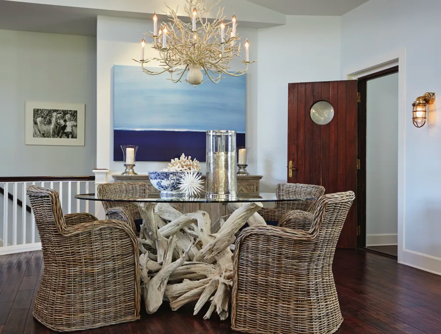 Dining Set featuring Driftwood Table Base and Woven Wicker