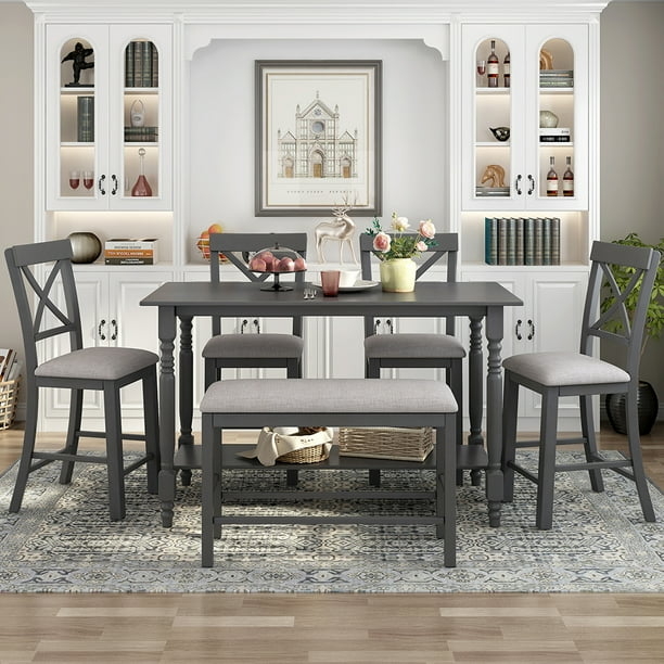 Dining Set in Charcoal Gray with Built-in Table Shelf