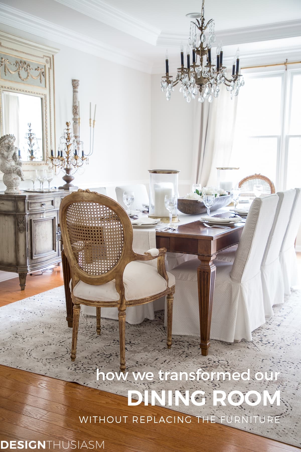 Dining Set including Cane Back Armchair and Skirted Chair Covers