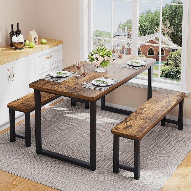Dining Set: Industrial Wood and Metal Table with Rustic Grain