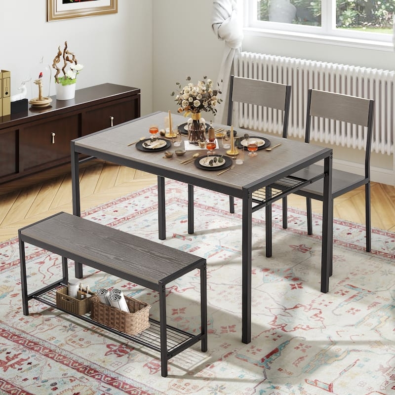 Dining Set: Integrated Storage Bench Grey Woodgrain Dining Set