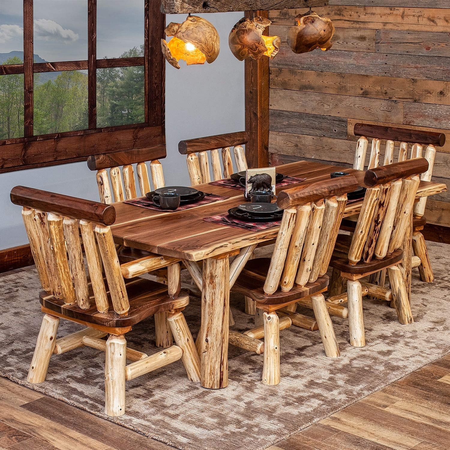 Dining Set: Live Edge Walnut Top and Rustic Cedar Log Frames
