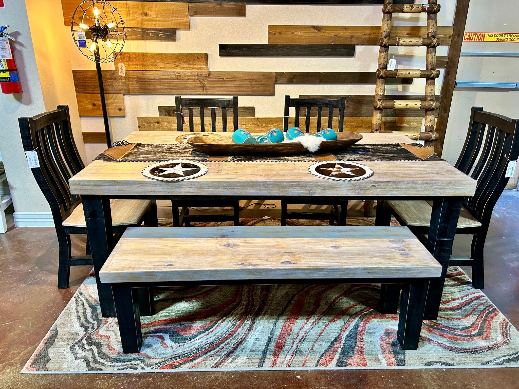 Dining Set Matte Black Frame Distressed Whitewash Top