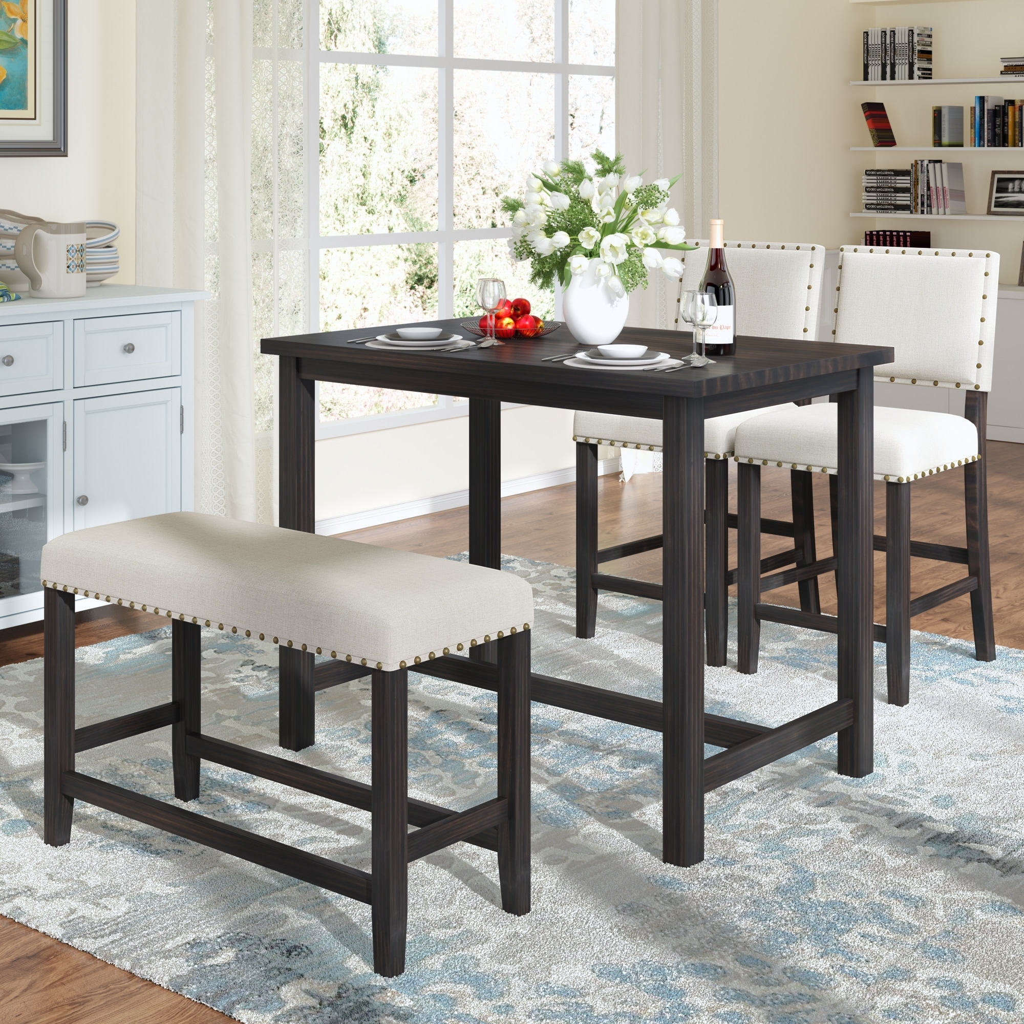 Dining Set of Dark Espresso Wood and Cream Fabric