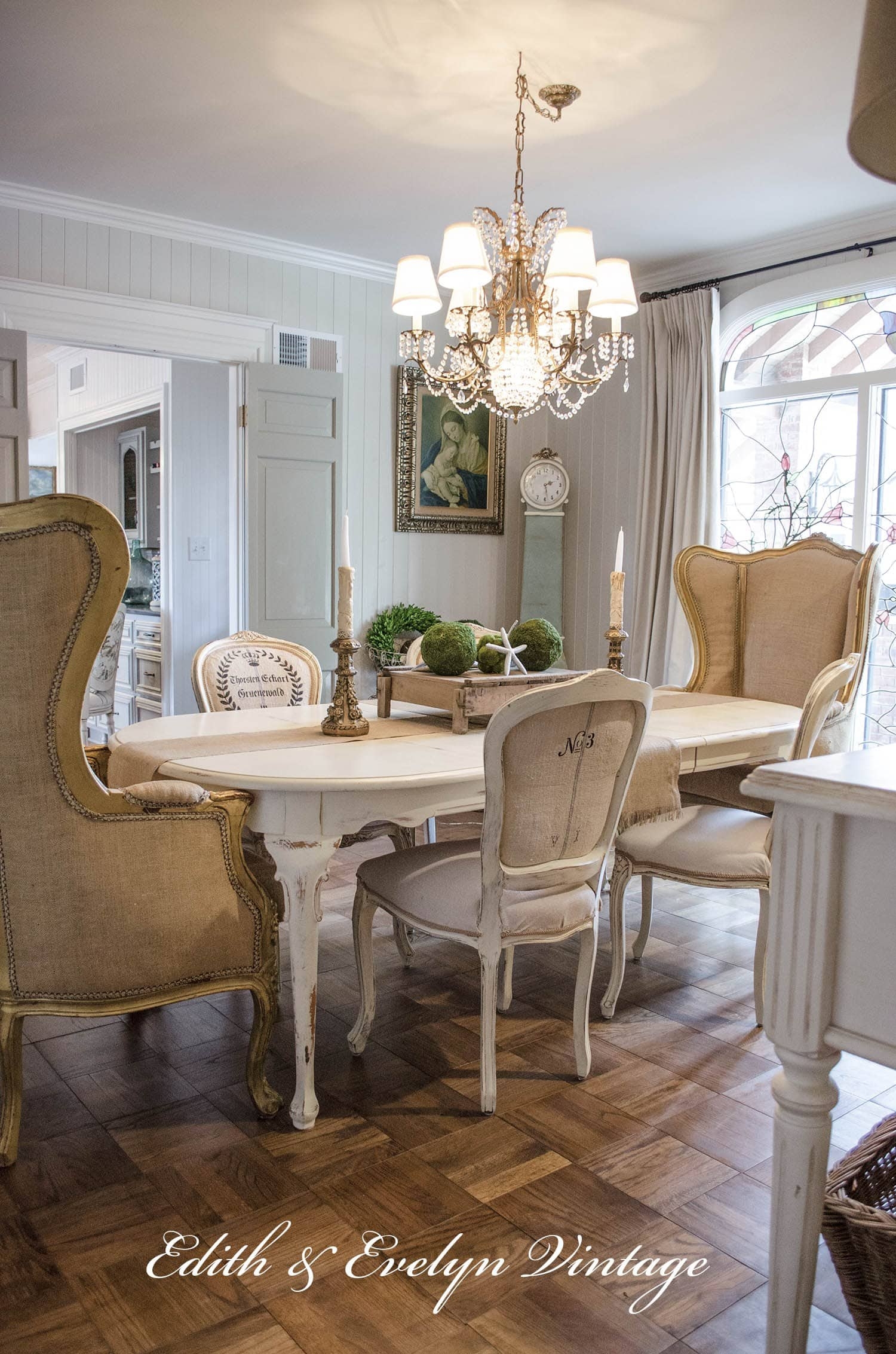 Dining Set showcasing Burlap Wingback Chairs and Parquet Floor
