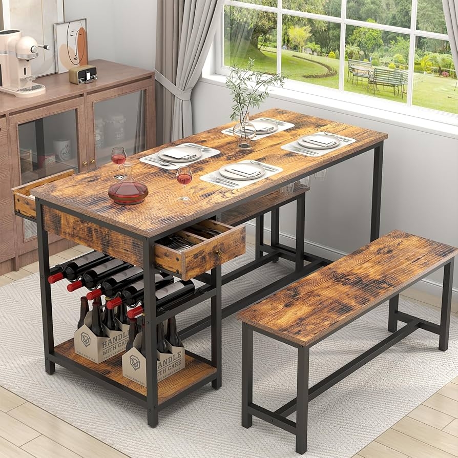 Dining Set: Storage Drawers Industrial Dining Table with Wine Rack
