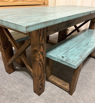 Dining Set: Teal Farmhouse Dining Table with X-Brace Base