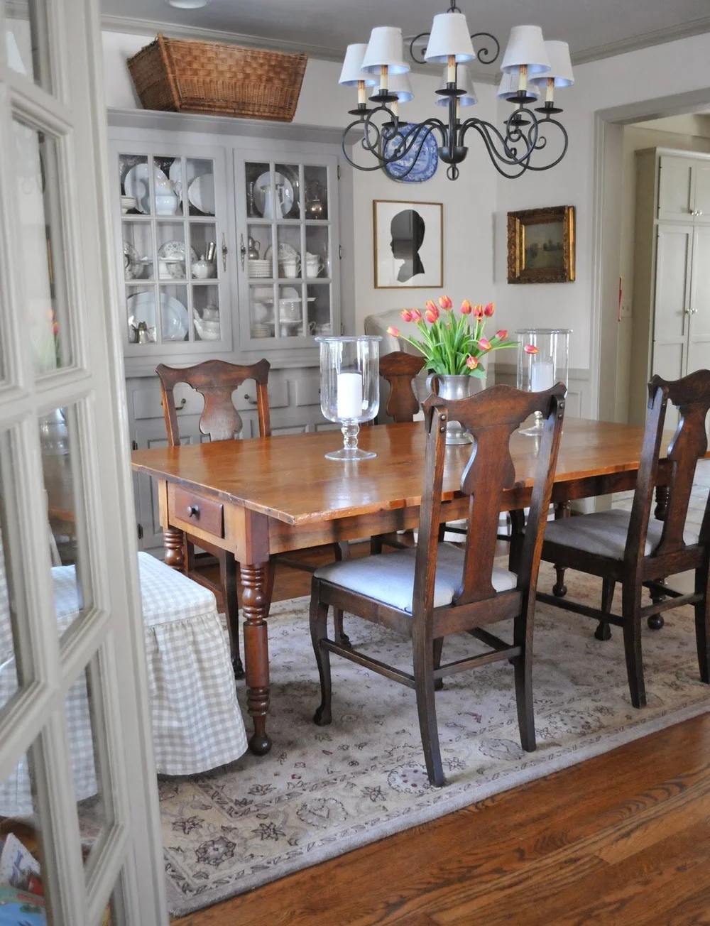 Dining Set: Traditional Gingham Chair Slipcover Wood Toned