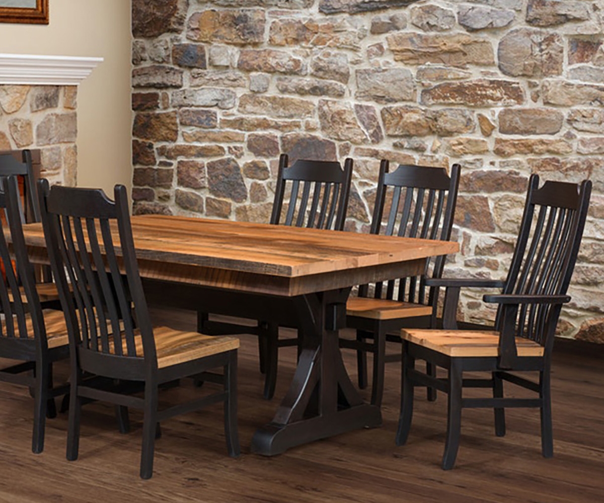 Dining Set: Two-Tone Trestle Pedestal with Vertical Slat Chairs