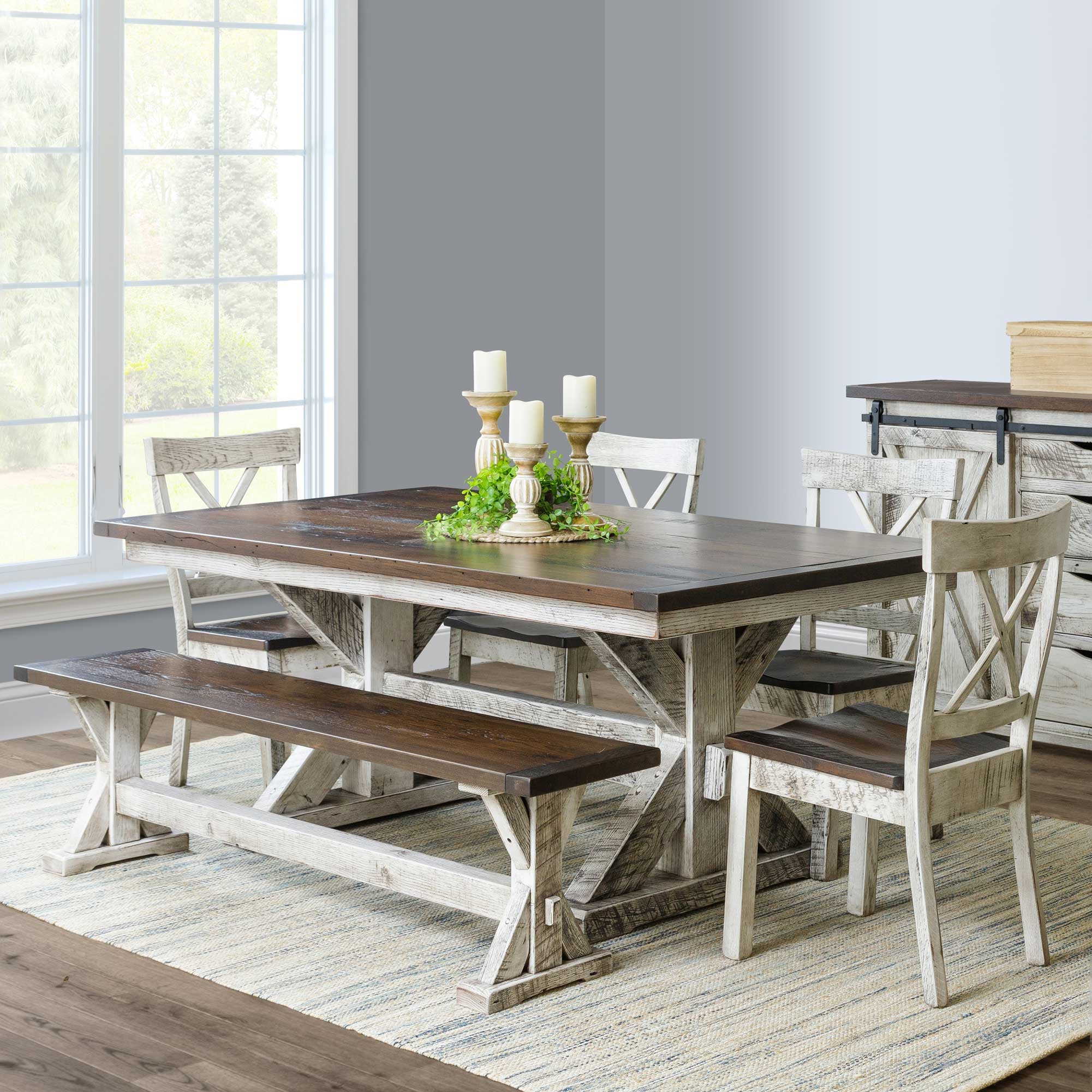 Dining Set: Whitewashed Farmhouse Dining Set and Sliding Barn Doors