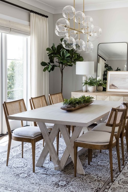 Dining Set with Cane Back Chairs and Bubble Glass Chandelier