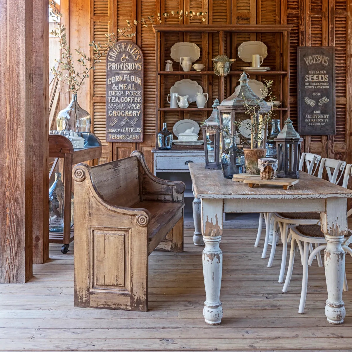 Dining Set with Chipped Paint Finish and Church Pew Style Bench
