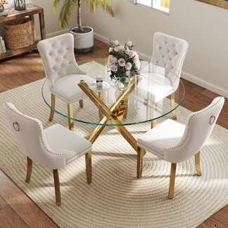 Dining Set with Gold Ring Pull Chairs and Nailhead Trim