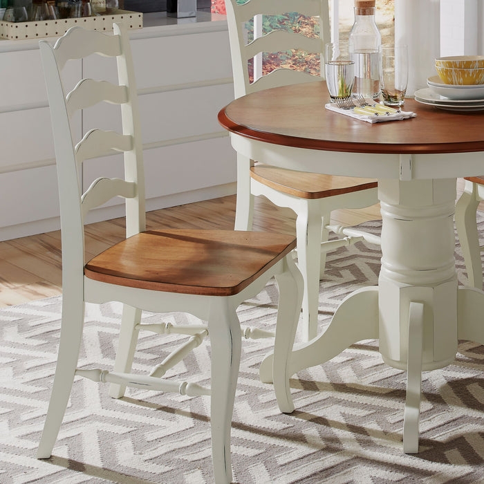 Dining Set with Ladder Back Chairs and Two Tone Pedestal Table