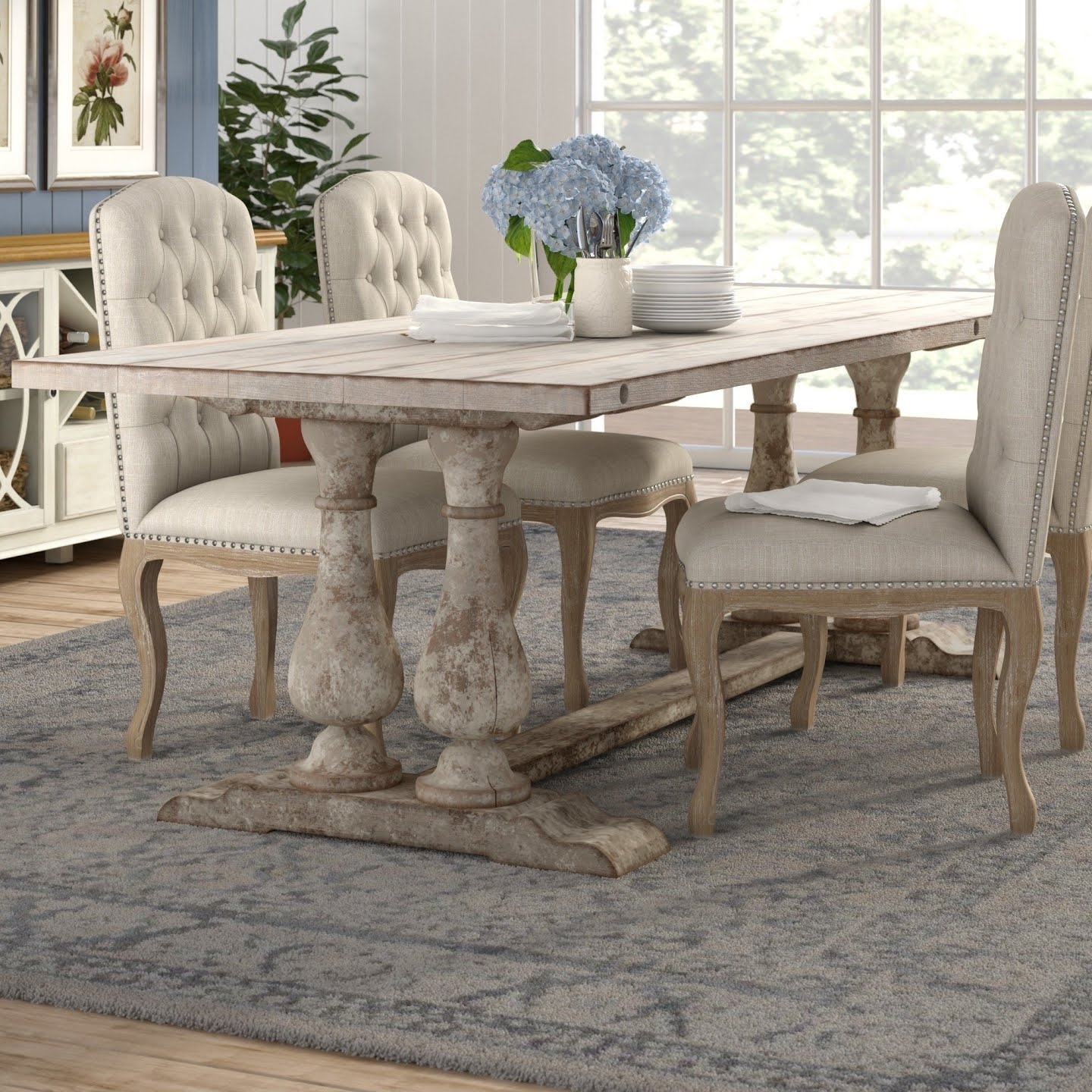 Dining Set with Limewash Finish and Tufted Upholstery Chairs
