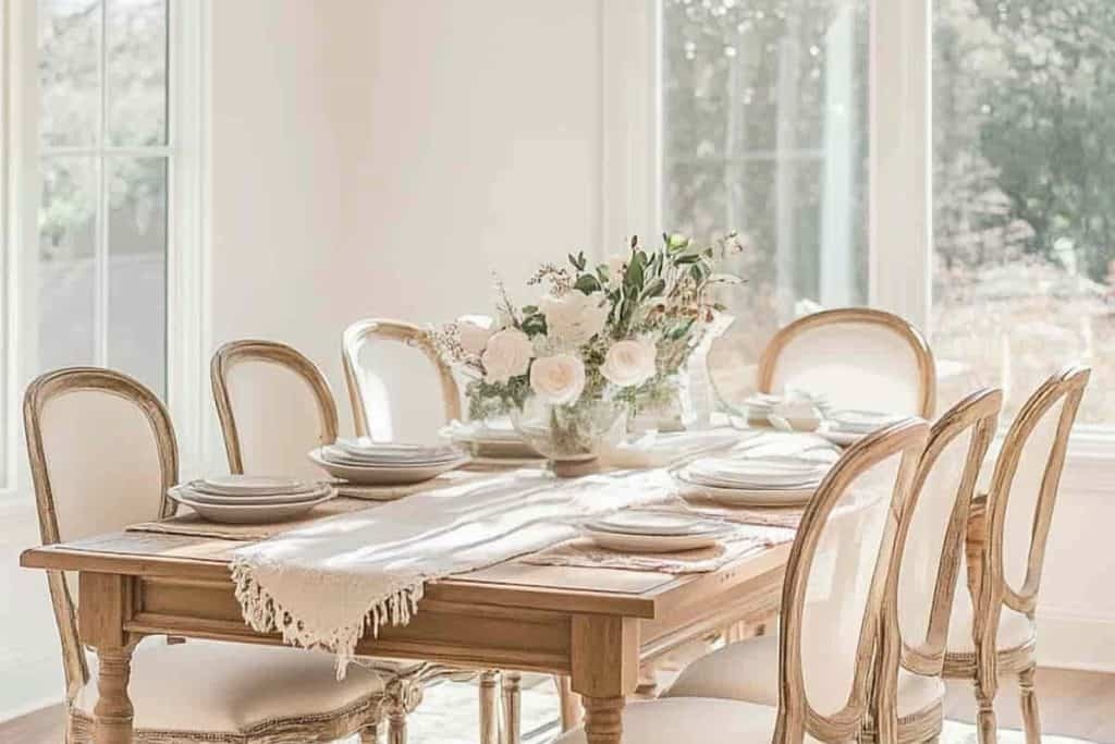 Dining Set with Oval Back Chairs and Fringed Linen Runner