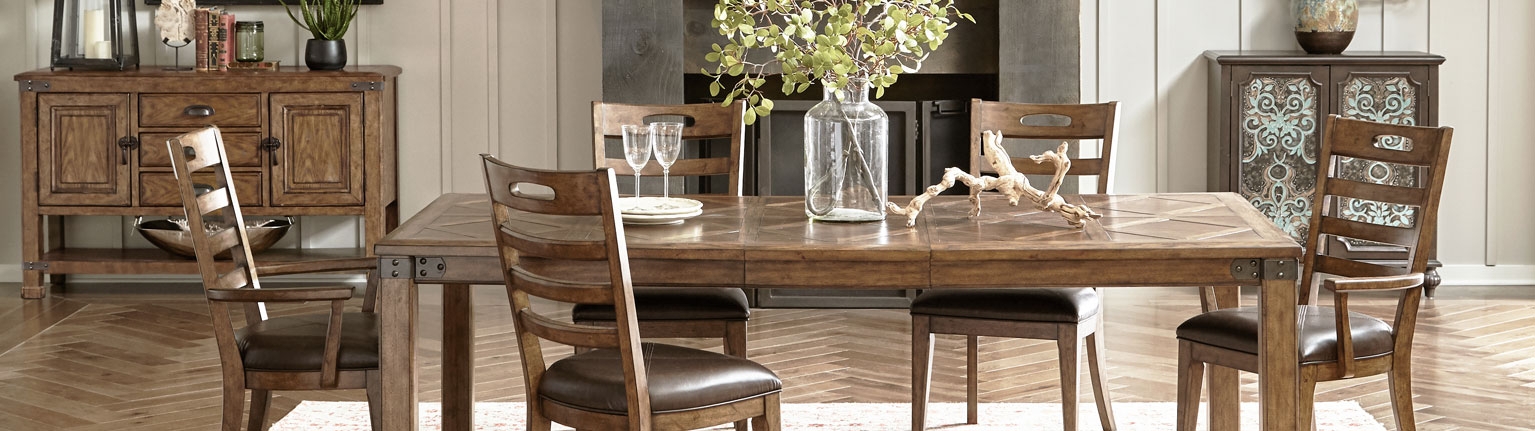 Dining Set with Parquet Table Top and Rustic Set with Metal Accents