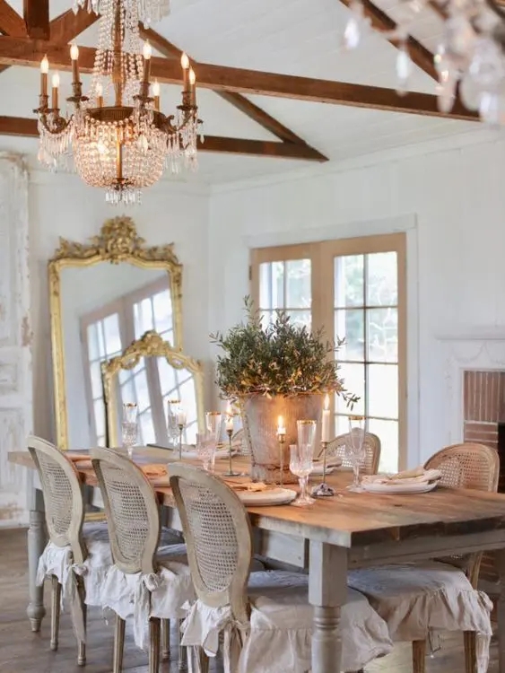 Dining Set with Rattan Cane Back Chairs and Gilded Floor Mirror