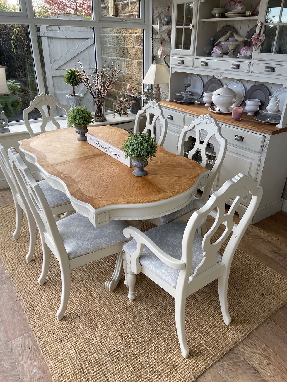 Dining Set with Scalloped Table Edge and Damask Upholstery