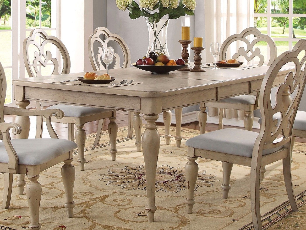 Dining Set with Scroll Back Chairs and Distressed Antique Finish