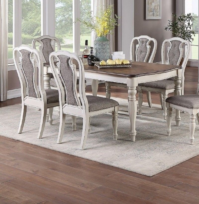 Dining Set with Walnut Wood Finish and Carved Chair Backs