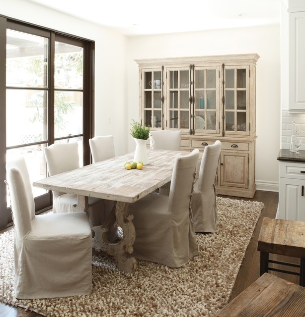 Dining Set with Weathered Trestle Table and Slipcovered Chairs